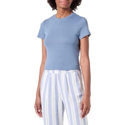 Image of ONLY Women&#039;s Onlelina S/S O Neck Short Top JRS T Shirt, Blue, XXL