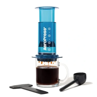 Image of AeroPress Clear Coffee Press 3 In 1 Brew Method Combines French Press, Pourover, Espresso, Full Bodied Without Grit or Bitterness, Small Portable Maker for Camping &amp; Travel, Blue