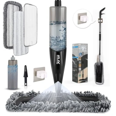 Image of Microfiber Spray Mop for Floor Cleaning Dry Wet Dust Kitchen Wood Hardwood Laminate Ceramic Tiles 360 Degree Set with 3 Heads Replacement 1 Scraper Holder Bottle