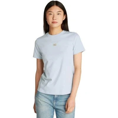 Image of Calvin Klein Women’s Short Sleeve Woven Label Regular Fit Cotton T Shirt, Blue (Niagara Mist), XXL
