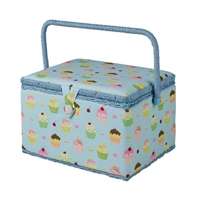 Image of Hobby Gift Large Cupcake Sewing Box, Blue Pattern Fabric, 23 x 31 20cm