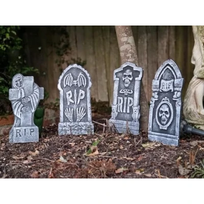 Image of Set of 4 Tombstones Gravestone Grave Headstones Rip Halloween Party Polystyrene Decorations Prop Graveyard