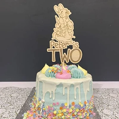 Image of Luck and Personalised Peter Rabbit Cake Topper, 1st Birthday Wooden Childrens Party Cake, Decorations