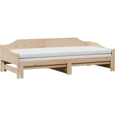 Image of vidaXL Solid Wood Day Bed with Trundle Versatile Sofa Untreated Pinewood Slatted Design Space Saving, Adjustable Sleepover Natural Brown Dual Use Furniture
