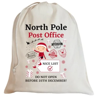 Image of Second Ave Cute North Pole Post Office Christmas Cotton Drawstring Xmas Santa Sack Bag Gift