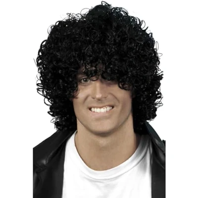 Image of Smiffys Afro Wet Look Wig, Black Curly, 1980&#039;s Fancy Dress, Adult Dress Up Wigs