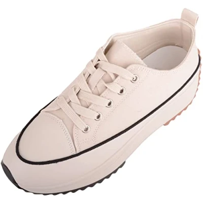 Image of Womens Easy Lace Up Low Top Canvas Chunky Sole Trainers Sneakers Beige UK 7