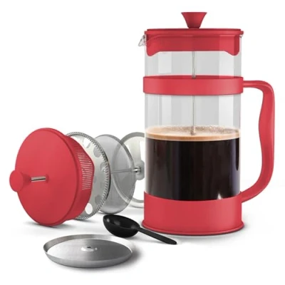 Image of KICHLY 1000ml Cafetiere 8 Cup French Press Coffee Maker, and Tea Maker with Triple Filters, Heat Resistant Borosilicate Glass Caffettiere Steel Plunger (1.0Ltr, Red, Pack of 12)