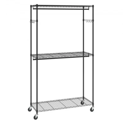 Image of VEVOR Heavy Duty Clothes Rack, Rolling Clothing Garment Rack with 3 Storage Tiers, 2 Rods and Pairs Side Hooks, Adjustable Height Closet for Hanging Clothes, 400 Lbs Load Capacity
