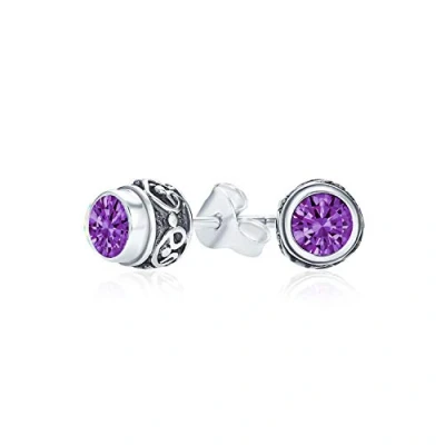 Image of Bali Style Tiny Round Amethyst Gemstone Stud Earrings For Women Oxidized .925 Sterling Silver February Birthstone