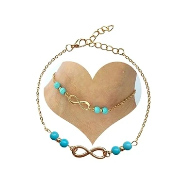 Image of Turquoise Feather Infinity Anklet Bracelet Boho Layered Leaf Lucky 8 Beads Summer Beach Foot Chain Jewelry for Women Girls (Gold A)