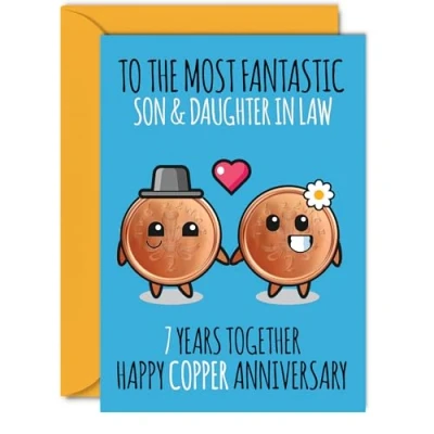 Image of Cute Copper Anniversary Card for Son &amp; Daughter In Law 7 Years Together Happy 7th Wedding Cards Son, A5 Greeting Seventh Anniversaries