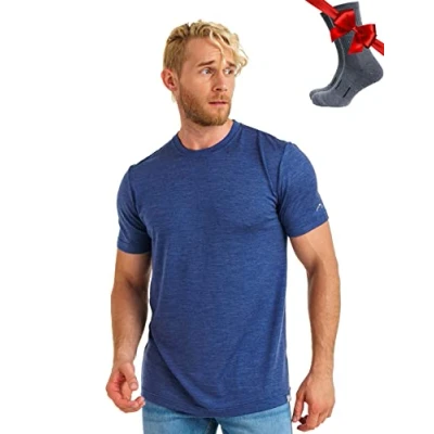 Image of Merino.tech Merino Wool T Shirt Mens 100% Organic Base Layer Men Undershirt Lightweight + Hiking Socks (Large, Chicago Blues)