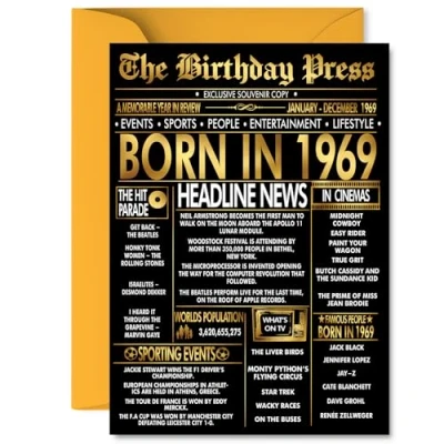 Image of Gold 56th Birthday Card for Men Women Black &amp; Golden Newspaper Born in 1969 Happy 56 Cards Grandma Uncle Dad Auntie Nan Colleague, 5x7 Inch Bday Greeting