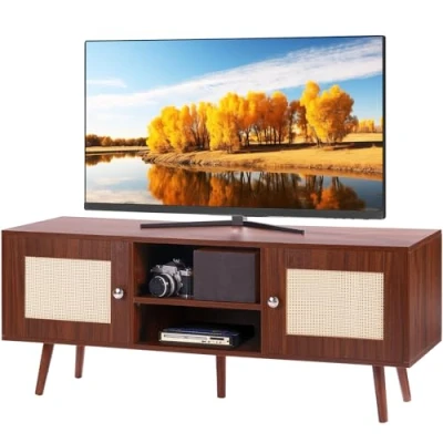 Image of VEVOR Boho Cabinet for 55 inch, Mid Century Modern Stand, Rattan TV Console with Adjustable Shelfs Living, Media Room, Wood, Walnut Color, 1200 x 400 490 mm