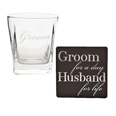 Image of Wedding Whisky Glass and Coaster Set Boxed Thank You Gift Groom