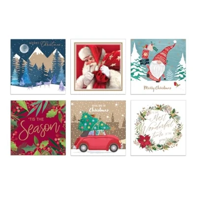 Image of Christmas Cards Bumper Box 30 Assorted Xmas 6 Designs Cute &amp; Traditional Envelopes