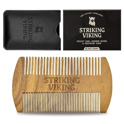 Image of Sandalwood Beard Comb and Case Pocket Sized Wooden &amp; Mustache with Fine Coarse Teeth Perfect for Use Balms Oils Striking Viking (Black)