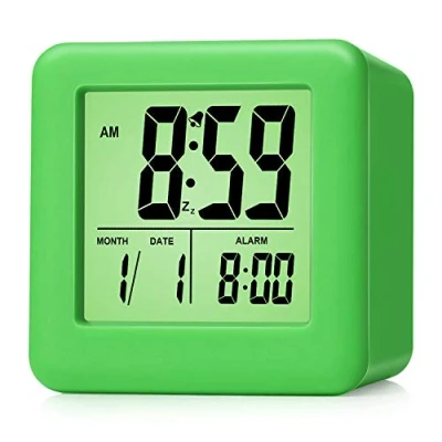Image of Plumeet Digital Alarm Clock Kids with Snooze and Nightlight Easy Setting Silicone Display Time, Date Loud for Bedroom Battery Powered (Green)