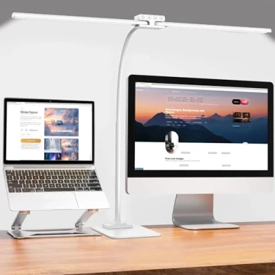 Image of EppieBasic 24W Desk Lamp for Home Office with Base, Led Double Head Adjustable Gooseneck, Dimmable Eye Caring Architect Light Monitor Work, Study White