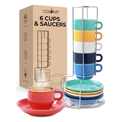 Image of Cosumy Espresso Cups with Stand Set of 6 Saucers Stackable Dishwasher Safe Ceramic Multi Coloured 75 ml