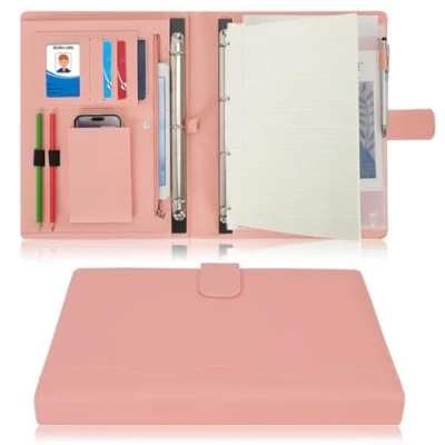 Image of Wonderpool A4 PU Leather 4 Ring Holder Writing Portfolio Multi Document Case with Removable Binder Clipboard and Functional Pocket for Organizer Office Travel School (Pink)