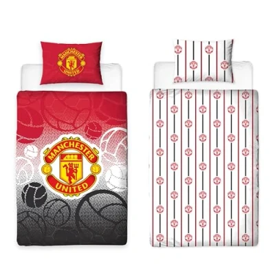 Image of Manchester United FC Character World Official Single Duvet Cover Set, Crest Design Red Reversible 2 Sided Football Bedding Merchandise Including Matching Pillow Case