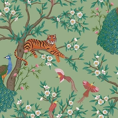 Image of SOPHIE LAURENCE Tropical Wallpaper Tiger Birds Peacock Trees Floral Exotic Jungle Stylish, Washable, Strippable Paste The Paper Feature (Sage, Full Roll)