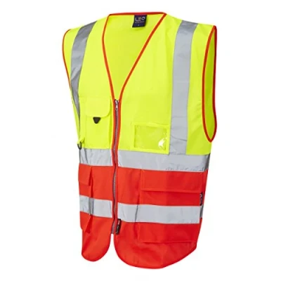 Image of Leo Workwear Lynton Multiple Colour Hi Vis Class 2 Multi pocket Superior Waistcoat, M, Yellow Red