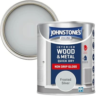 Image of Johnstone&#039;s Quick Dry Gloss Frosted Silver Finish Water Based Interior Wood &amp; Metal Radiator Paint Low Odour in 1 2 Hours 8m2 Coverage per Litre 0.75 L