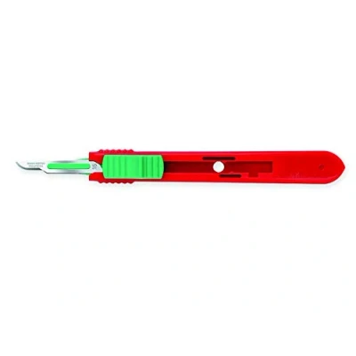 Image of Swann Morton 22443 Disposable Scalpels, Sterile, with Retractable Stainless Steel Blade, size no. 15/Green, Individually enveloped in box of 25 units.