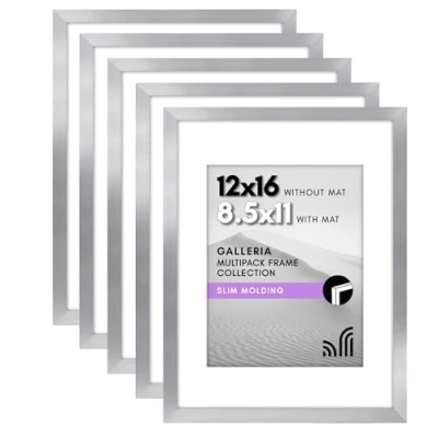 Image of Americanflat 12x16 Picture Frame with Polished Plexiglass Set of 5 Use as 8.5x11 Mat or Without Galleria Collection Gallery Wall for Display Silver