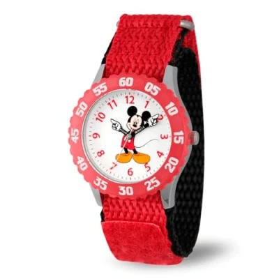 Image of Disney By Ewatchfactory Kids Mickey Mouse Quartz Watch with White Dial Time Teacher Display and Red Nylon Strap W000229