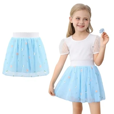 Image of boruizhen Girls Skirts Floral Embroidered Tutu for 4 Layered Kids Tulle Skirt with Soft Lining Festival Birthday 2 6 Years Blue