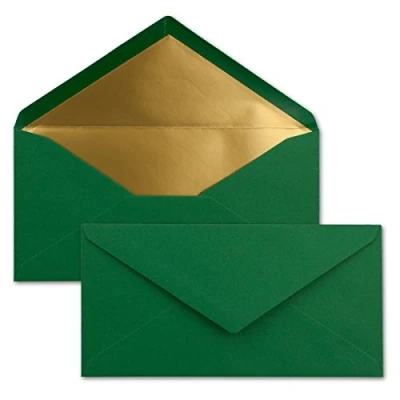 Image of Long Envelopes size DIN Long, gummed, wet seal, gold / Silver metallic lining 25 Umschläge dark green