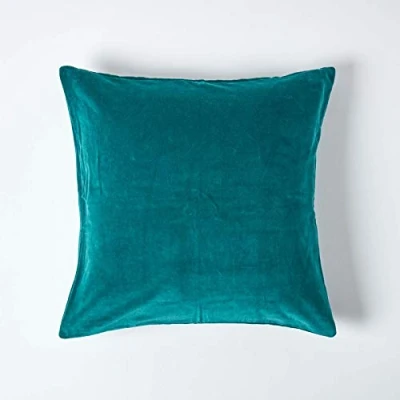 Image of HOMESCAPES Emerald Teal Green Velvet Cushion Cover Super Soft Cotton Square Scatter Plain Dark Accent Throw Pillow for Sofa and Bed Decoration with Hidden Zipper, 60x60cm
