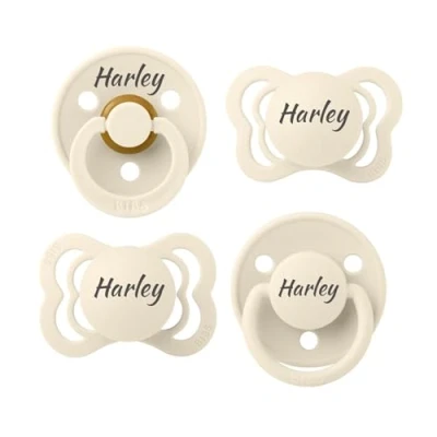 Image of Bibs Personalised Try it Soother 4 Pack. BPA Free, Round, Symmetrical and Orthodontic Nipple. Natural Rubber Latex, Made in Denmark. 0+ Months