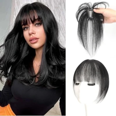 Image of Clip In Bangs 100% Real Human Hair Wispy Toppers with 3603D Cover on for Daily Wear Extensions Fake (Natural black, 3D Bangs)