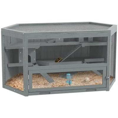 Image of PawHut Wooden Large Hamster Cage Small Animal Exercise Play House 3 Tier with Sliding Tray, Seesaws, Water Bottle, Grey