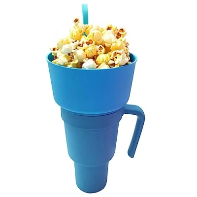 Image of SHEETA Cup Bowl Combo, Snack Drink 2 in 1 with Straw, Stadium Tumbler Popcorn Multifunctional for Travel Movie Night (Blue)