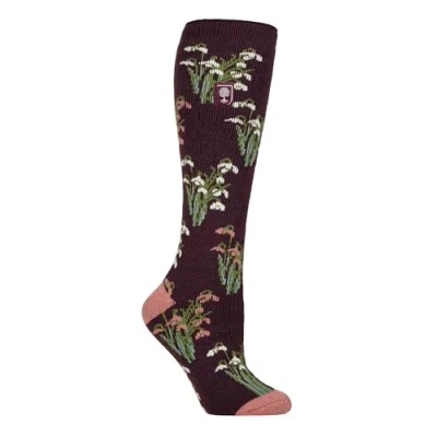 Image of Women&#039;s 1 Pair SOCKSHOP Heat Holders 1.6 TOG Lite RHS The Royal Horticultural Society Thermal Wellington Boot Socks Snowdrops Mulberry 4 8