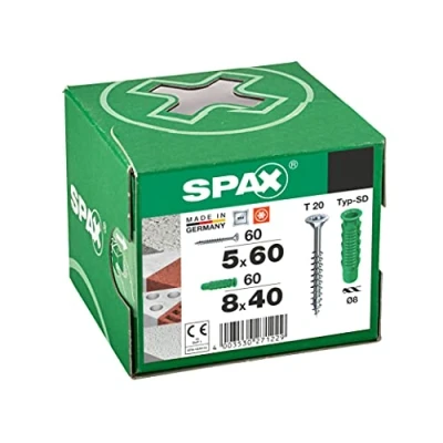 Image of SPAX Dowel Screw Set Ø8 120 Pieces Expansion Type SD 8x40 Universal 5x60 WIROX A9J T STAR plus T20 for Fixing in Concrete, Solid Stone, Perforated Stone and Aerated Concrete 25