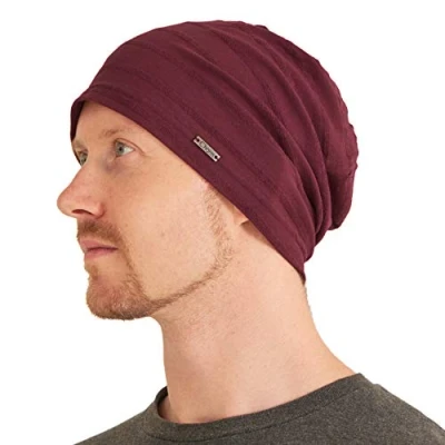 Image of Womens Light Weight Summer Beanie Mens 100% Cotton Slouchy Hat Slouch Knit Cap Chemo Headwear Burgundy L