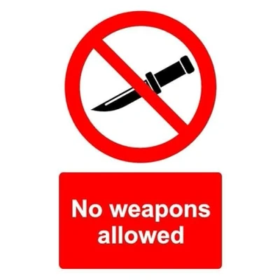 Image of No weapons allowed safety sign Self adhesive sticker (300mm x 200mm)