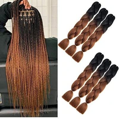 Image of kanekalon braiding hair ombre brown 6 Packs African jumbo braids extensions for crochet (Black Dark brown)