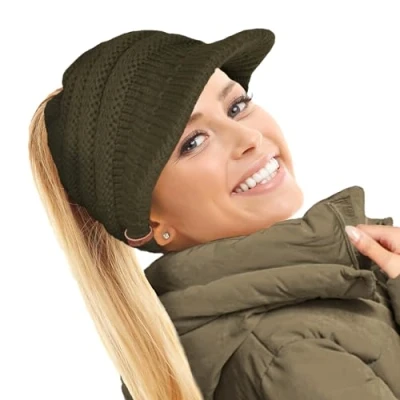 Image of TOSKATOK Ladies Slouchy Peaked Ponytail Messy Bun Knitted Beanie Hat Cap Olive