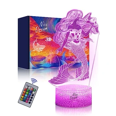 Image of Nice Dream Mermaid Night Light for Kids, 3D Lamp, 16 Colors Changing with Remote Control, Room Decor, Gifts Children Girls Boys