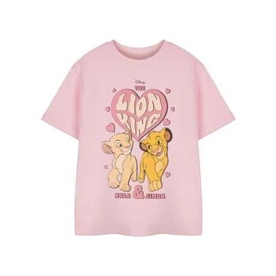 Image of Disney Lion King Girls Pink Graphic Tee Classic Cartoon Nala &amp; Simba T Shirt Crew Neck Short Sleeve Pull On Top The Characters Apparel Casual Wear Fashion