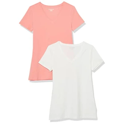 Image of Amazon Essentials Women&#039;s Classic Fit Short Sleeve V Neck T Shirt, Pack of 2, Peach/White, XS