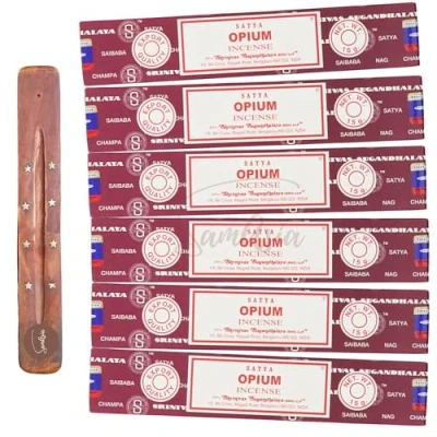 Image of Satya Nag Champa Opium incense sticks x6 pack with SAMASIA holder Used for Aromatherapy, Spa, Yoga, Weddings, Meditation, Healing, Positivity and Relaxation